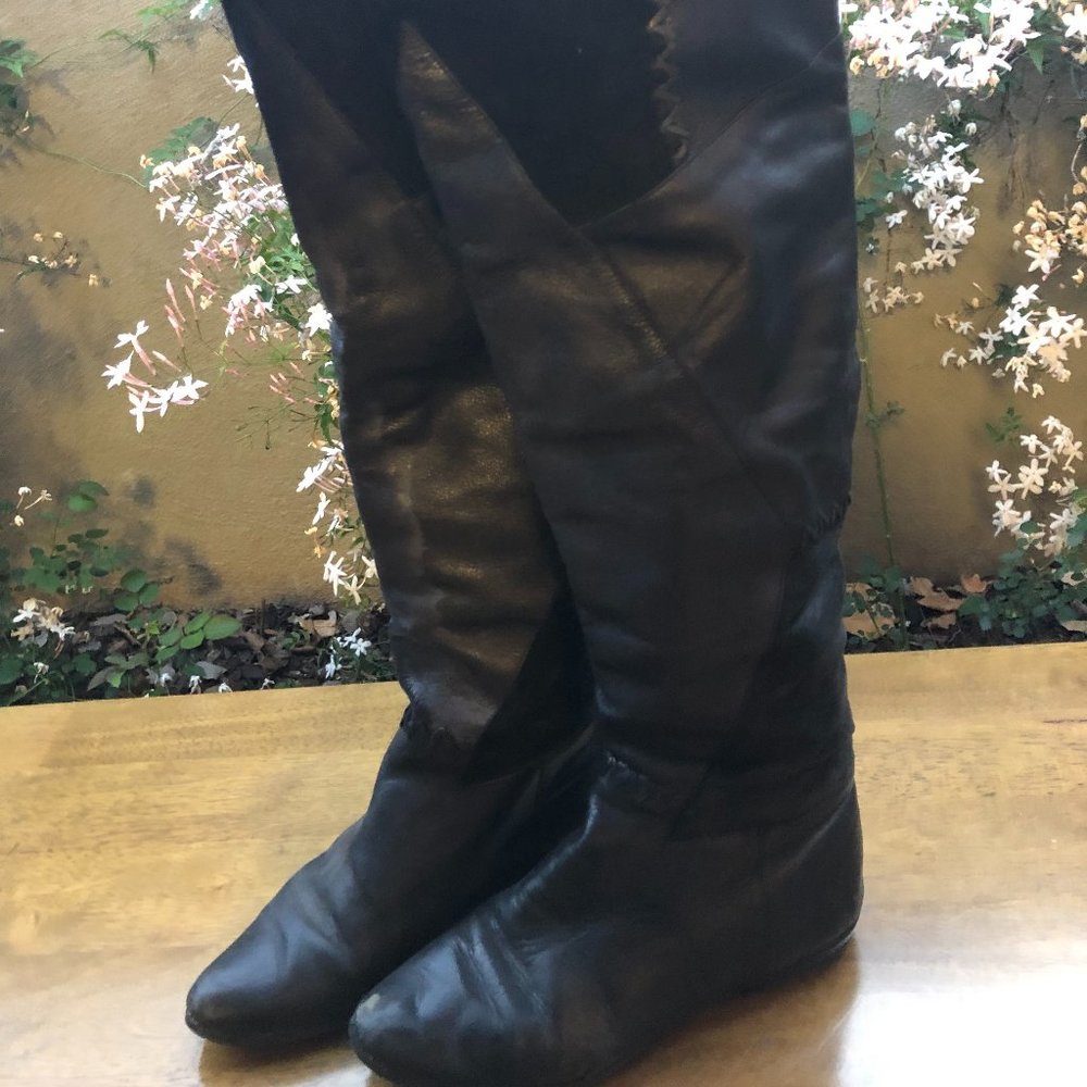 Vintage Black Over-the-Knee Patchwork Boots
